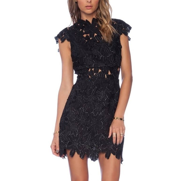 SAYLOR Dresses & Skirts - Saylor Black Floral Lace High Collar Scalloped Hemline Piper Mini Dress Size XS